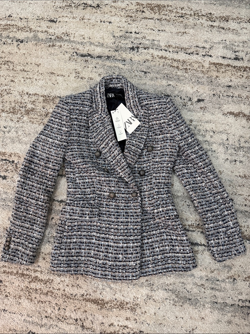 Zara Gray Tweed Double-Breasted Blazer with Subtle Flecks
